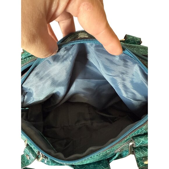 Teal Faux Snake Skin Handbag With Polished Silver Hardware & Dual Top Handles - Picture 10 of 12